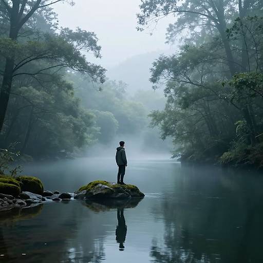 Misty Forest River with Solitary Figure