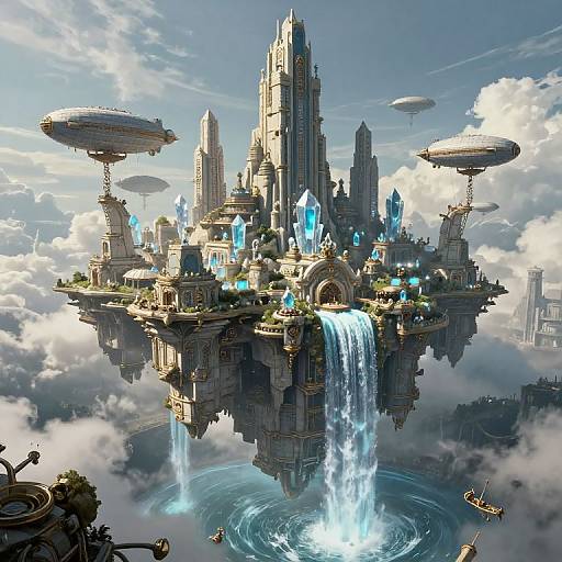 Fantasy digital artwork of a floating, futuristic city with towering spires, glowing blue crystals, waterfalls, hovering saucers, and cloud-covered