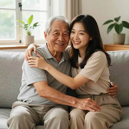 Warm Embrace Between Generations on Couch