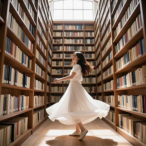 Photograph of a young woman in a flowing white dress twirling in a sunlit library aisle, surrounded by tall wooden bookshelves.