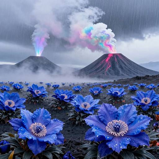 Photograph of vivid blue flowers in foreground, with two erupting volcanoes emitting colorful smoke in the background under a rainy sky.