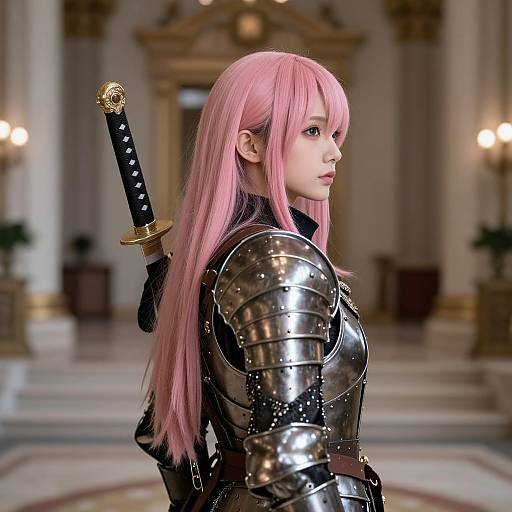 Digital art of a pink-haired woman in shiny black armor with a sheathed katana, standing in an opulent, grand hall.