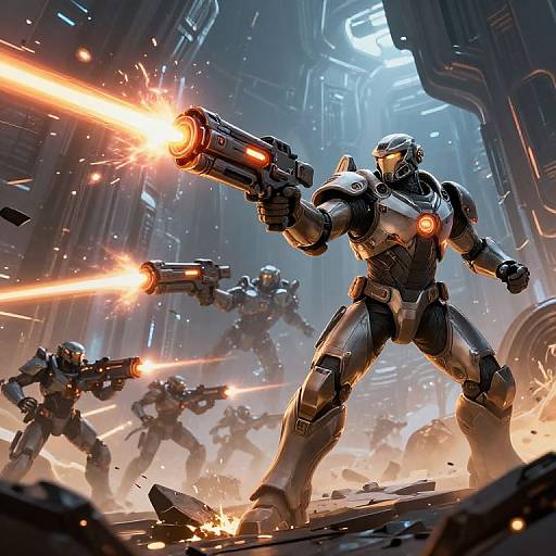 Digital artwork of four armored, futuristic soldiers firing glowing orange laser guns in a high-tech, industrial spaceship interior with debris flying.