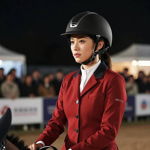 Female Equestrian in Red Riding Jacket with Helmet