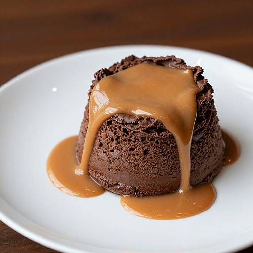 Photograph of a rich, dark chocolate pudding topped with a generous drizzle of caramel sauce, on a white plate.