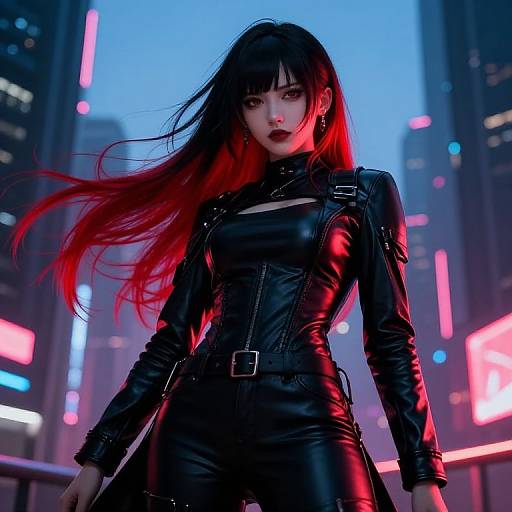 Digital artwork of a fierce, pale-skinned woman with red-black hair in a black leather dress, standing in a neon-lit, futuristic city at