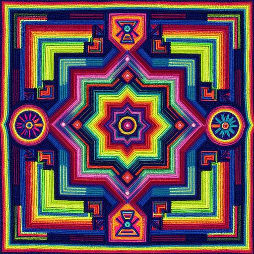 Vibrant, psychedelic digital art with neon colors, geometric shapes, and symmetrical patterns in blue, yellow, pink, red, and green.