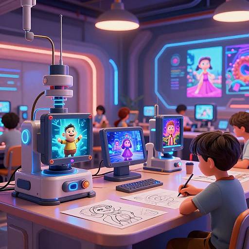 CGI image of a futuristic room with children drawing at desks, each with robotic screens displaying cartoon characters, neon lights, and a large screen in the