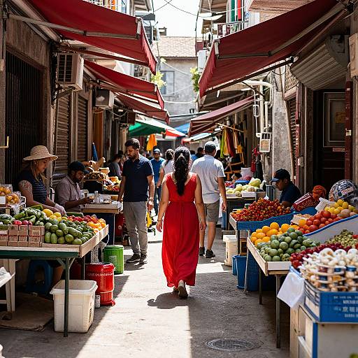 Photograph of a vibrant, narrow street market with colorful fruit stalls on both sides, shoppers in the background, and a woman in a red dress walking