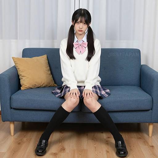 Asian Girl Fashion on Dark Blue Couch