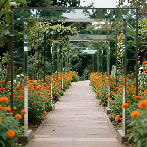 Photograph of a narrow, paved garden pathway lined with vibrant orange marigolds, framed by glass-paneled green arches, surrounded by lush green