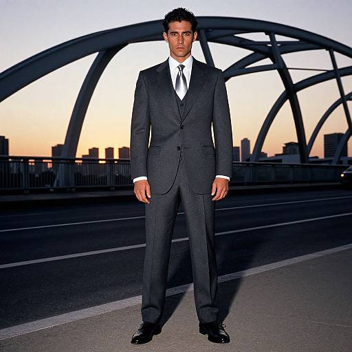Photograph of a handsome man in a sharp, dark gray suit with white shirt and black tie, standing on a bridge at sunset, city skyline in