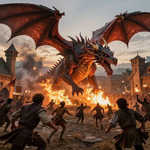 Photorealistic CGI of a roaring, red-scaled dragon with massive wings descending upon medieval warriors in a fiery, castle-burning battlefield at sunset.