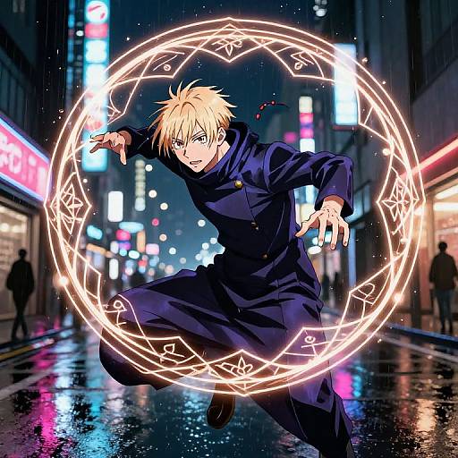 Anime-style digital artwork of a blonde-haired, blue-eyed male magician in a dark coat, casting a glowing circular spell in a neon-lit, rainy