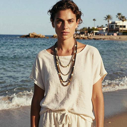 Confident Woman Wearing Linen Outfit on Mediterranean Beach