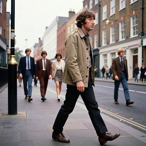 Photograph of a young man with shaggy brown hair, wearing a beige jacket, black shirt, and pants, walking on a bustling urban street