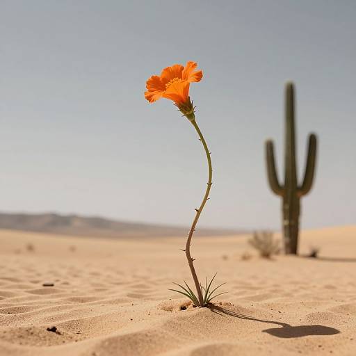 Photograph of a single, vibrant orange desert flower with a slender green stem, standing tall in sandy desert, with a blurred cactus in the background