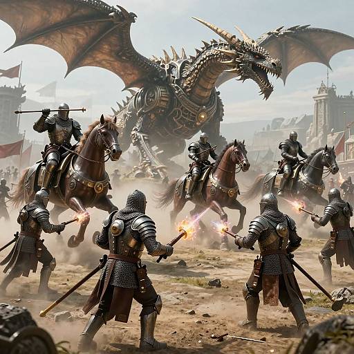 Digital fantasy battle illustration: armored knights on horseback clash with a massive, winged dragon amidst dust and smoke, with flags and castle towers in the