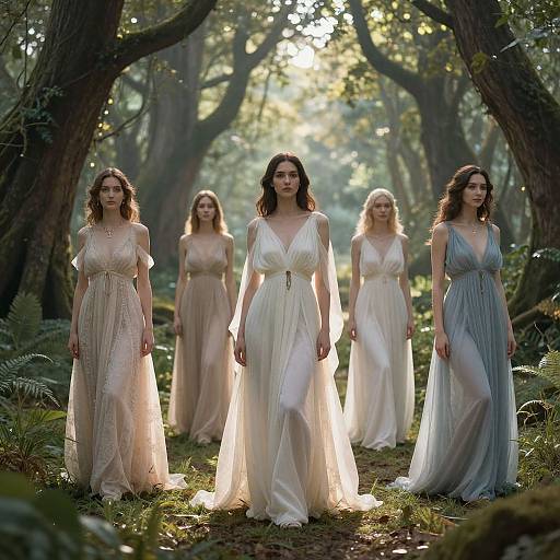 Photograph of five women in ethereal, flowing dresses standing in a sunlit forest, surrounded by tall trees and ferns.