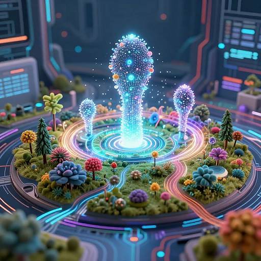 Digital CGI of a futuristic, glowing garden with neon paths, colorful flowers, and illuminated, sparkling trees in a high-tech laboratory.