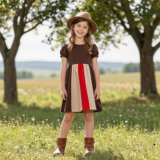 Photograph of a smiling young girl with wavy brown hair, wearing a brown hat, black dress with red and beige stripes, and brown boots,