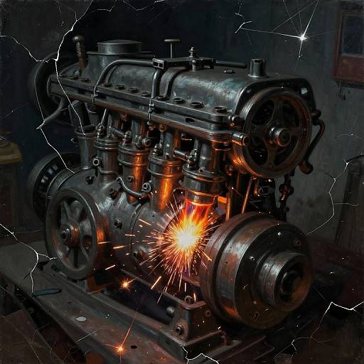Photograph of a metallic engine with bright orange sparks emanating from its center, set against a dark, cracked background.