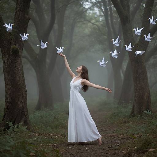 Photograph of a woman in a white flowing dress, with dark hair, reaching out to white paper doves in a misty forest.