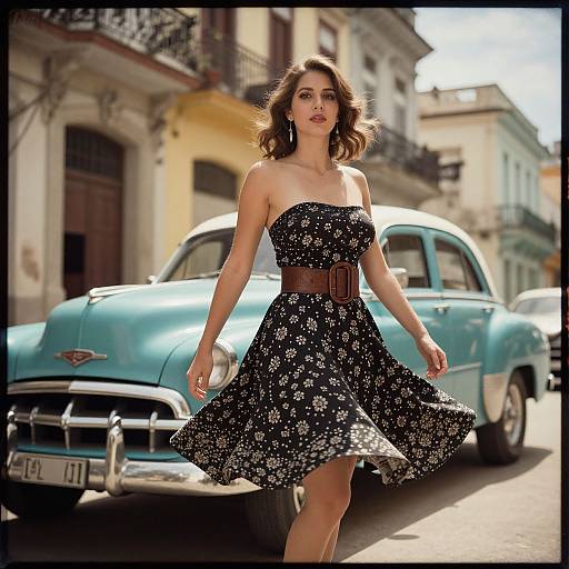Photograph of a stylish woman in a black floral dress with brown belt, walking in front of a vintage blue car on a sunny, historic street.
