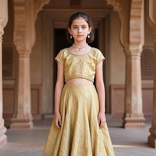 Photograph of a young woman with fair skin and brown hair, wearing a gold, intricately patterned crop top and skirt, standing in an orn