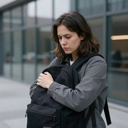Somber Woman Embracing Backpack in Atrium