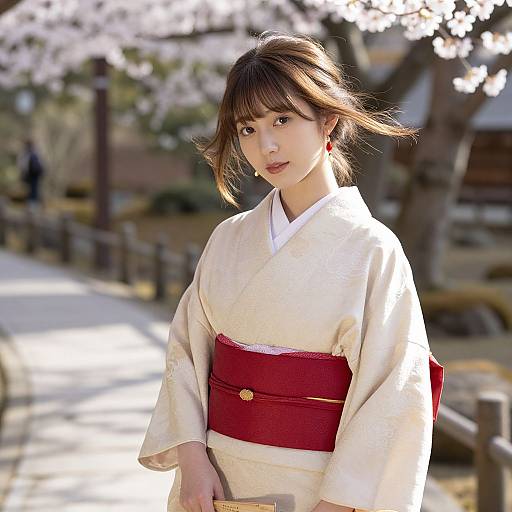 Young Woman in Traditional Kimono Among Cherry Blossoms