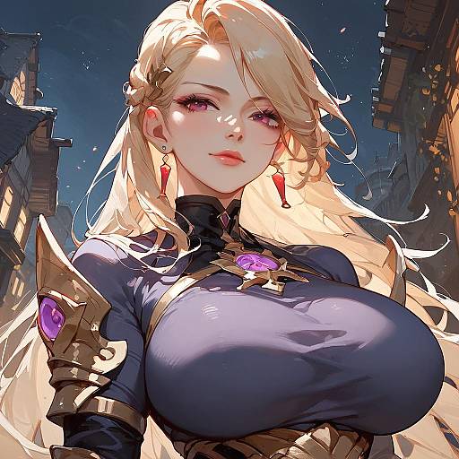 Digital anime-style artwork of a blonde woman with large breasts, wearing a dark blue dress, gold armor, and purple gemstones, set against a nighttime