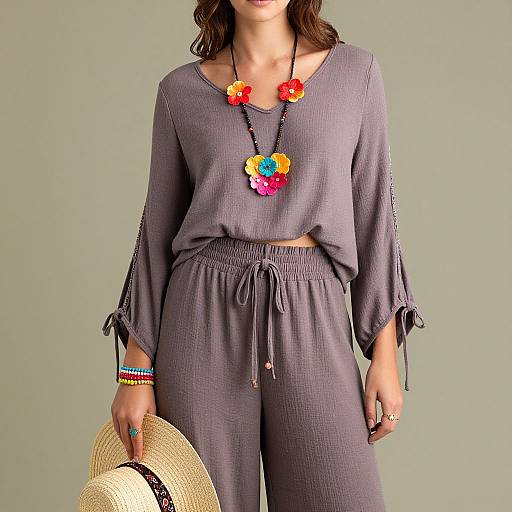 Photograph of a woman wearing a purple bohemian top and pants, colorful flower necklace, rainbow bracelets, holding a straw hat, against a plain