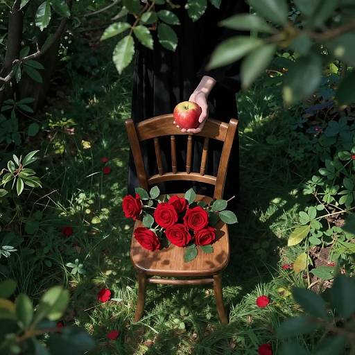 Photograph of a wooden chair in a lush garden, with red roses on the seat, an apple held above, and sunlight filtering through leaves, creating