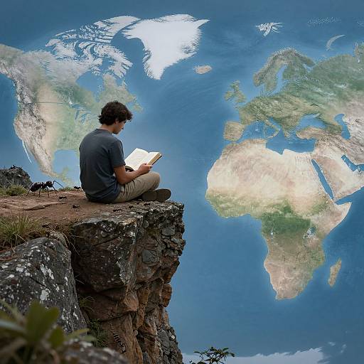 Photograph of a man with curly hair, wearing a gray shirt and beige pants, sitting on a rocky cliff, reading a book, with a reflective