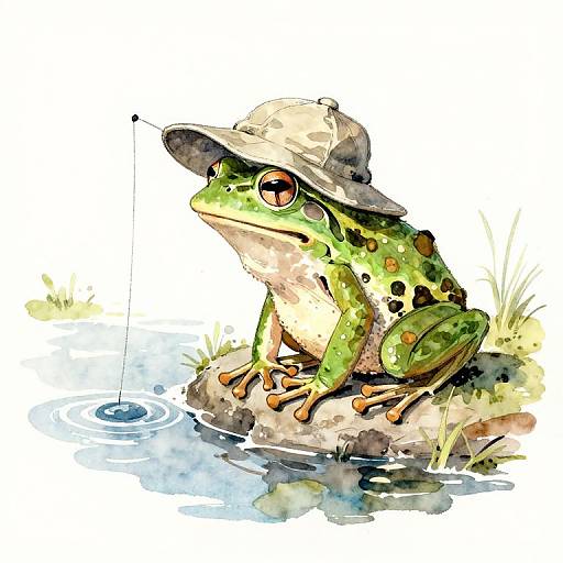 Watercolor Frog Fishing by River