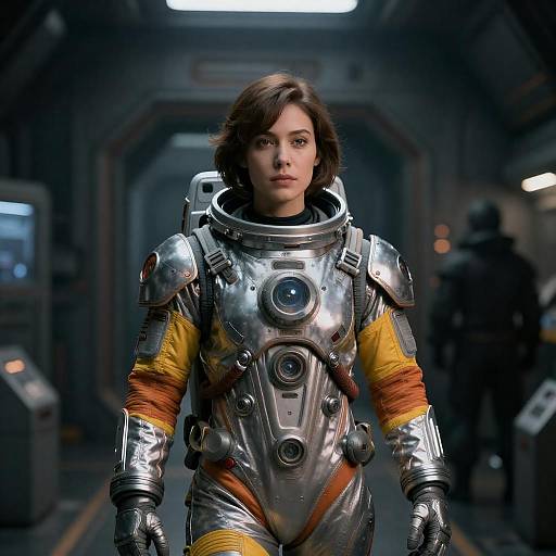 Futuristic Female Astronaut in Dark Spaceship