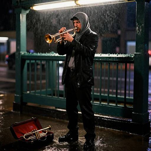 Jazz Trumpeter Playing in Rain at Subway Entrance