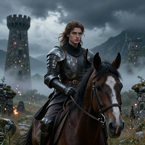 Photorealistic digital art of a stern, long-haired woman in silver armor riding a brown horse, with a stone castle and misty mountains in the