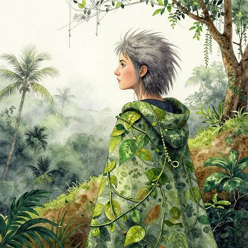 Surreal Watercolor Woman in Rainforest