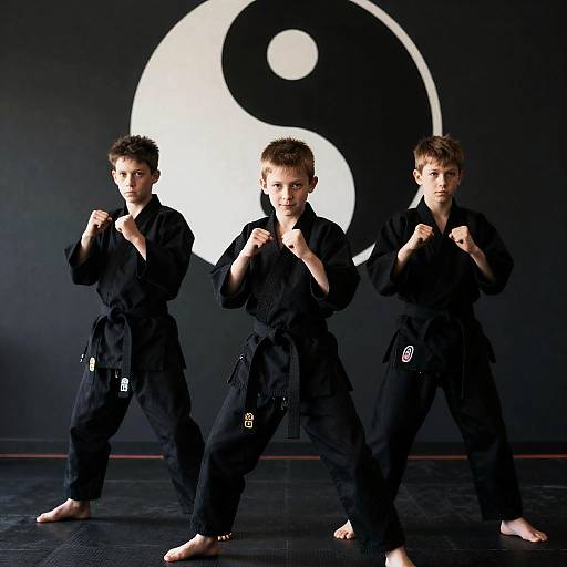 Three Boys Practicing Martial Arts with Yin-Yang Symbol
