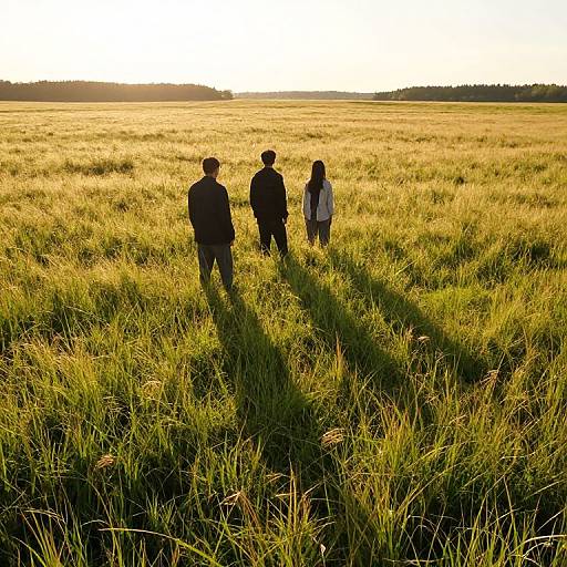Photograph of three silhouetted people walking in a golden, sunlit grass field, casting long shadows, with a distant treeline at sunset