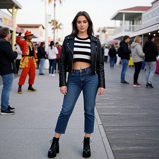 Photograph of a confident young woman with long brown hair, wearing a black leather jacket, black-and-white striped crop top, blue jeans, and black