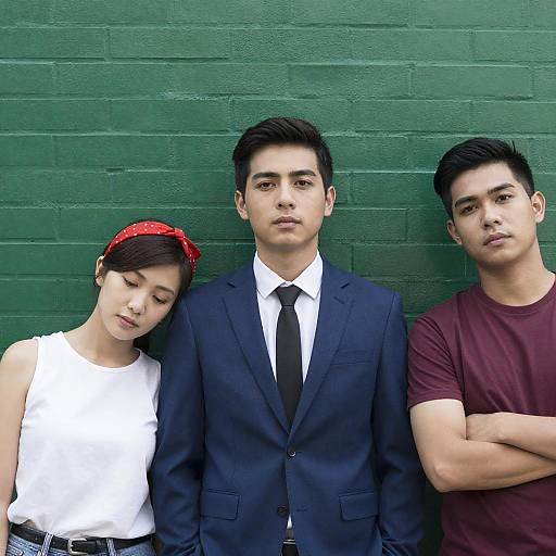 Three Young Adults Against Green Brick Wall