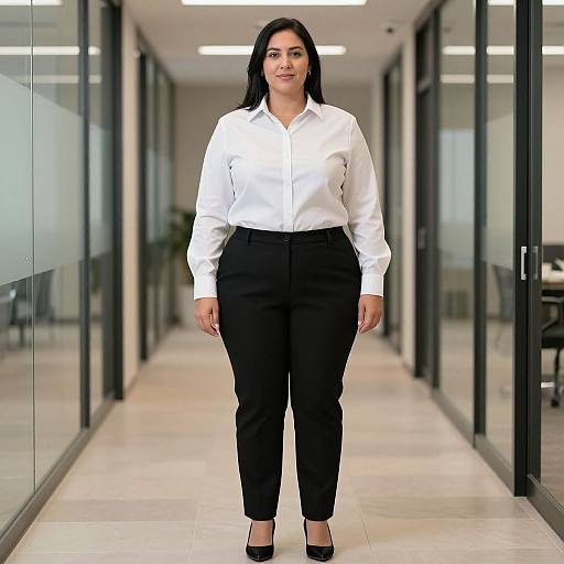 Photograph of a confident South Asian woman with long black hair, wearing a white blouse and black pants, standing in a modern glass-walled hallway.