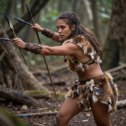Photograph of a muscular, dark-skinned woman with braided hair, wearing fur loincloth and arm bands, wielding three spears in a