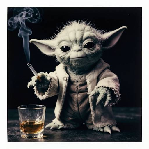 Digital artwork of a small, fuzzy, goblin-like creature with large ears, smoking a cigarette, wearing a jacket, and holding a glass of whiskey