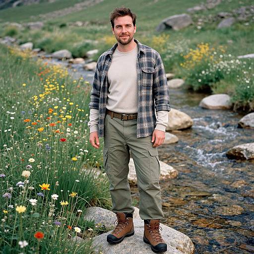 Photograph of a bearded man with short brown hair, wearing a plaid shirt, white tee, khaki pants, brown boots, standing on