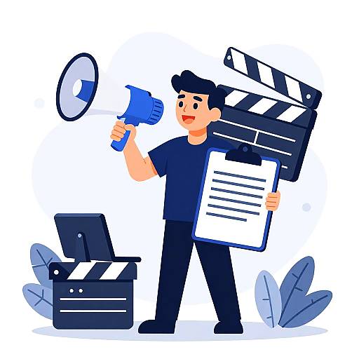 Digital cartoon: Man with black hair and clothes, holding megaphone and papers, standing next to a broken black printer and scattered paper.