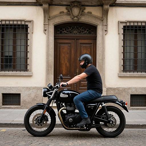 Photograph of a bearded man in black helmet and shirt, riding a black Triumph motorcycle, in front of an old, beige stone building with barred
